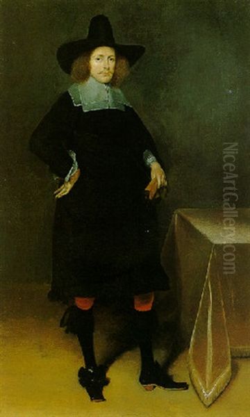 A Portrait Of A Gentleman, Wearing A Black Suit And Hat With White Collar And Cuffs And Holding Gloves, Near A Draped Table by Gerard ter Borch the Younger