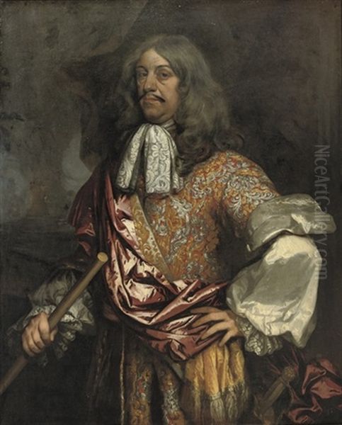 Portrait Of Admiral Cornelis Tromp, In An Embroidered Red, Yellow And Silver Costume With A Crimson Wrap by Pieter Borsseler