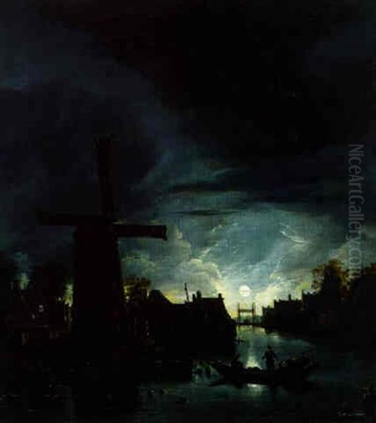 A Moonlit River Landscape With Fishermen By A Windmill by Anthonie Van Borssom