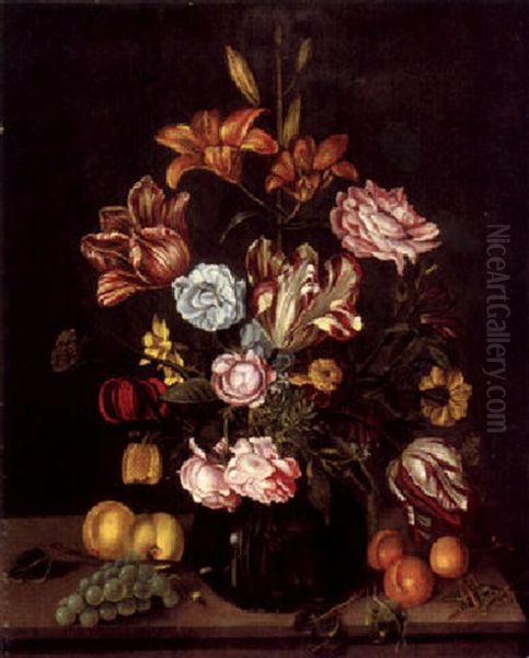 Blumenstilleben Mit Glasvase, Fruchten Und Insekten Auf Einem Tisch by Ambrosius Bosschaert the Younger