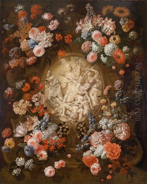 Ein Blumenkranz Um Ein Medaillon Mit Einem Motiv Aus Der Fruhchristlichen Geschichte by Jan-Baptiste Bosschaert