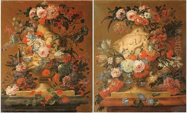 Natures Mortes Aux Fleurs Sur Un Entablement Avec Vases Et Amours En Grisaille (pair) by Jan-Baptiste Bosschaert