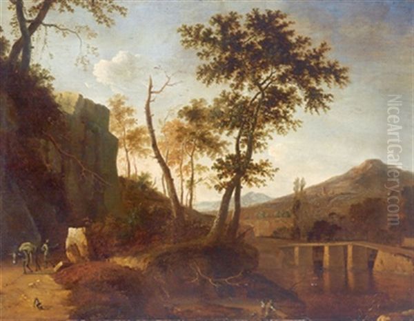 Bewaldete, Gebirgige Flusslandschaft Mit Einem Maultiertreiber by Jan Dirksz. Both