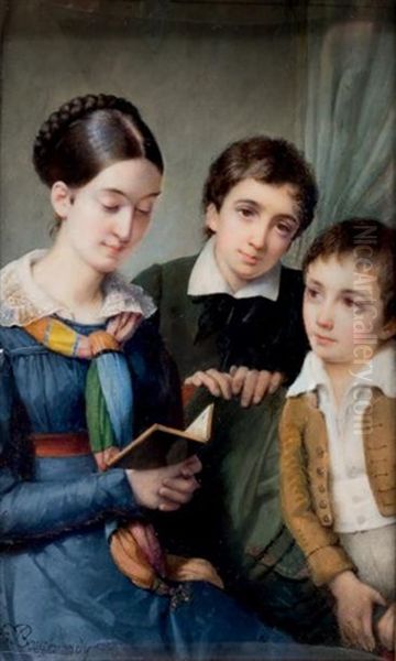 <la Petite Famille>: Portrait De Madame Bouchardy Et Ses Fils Etienne Et Joseph Bouchardy, Cette Derniere Vetue D'une Robe De Soie Bleue Et Faisant La Lecture, Dans Un Interieur by Etienne Bouchardy