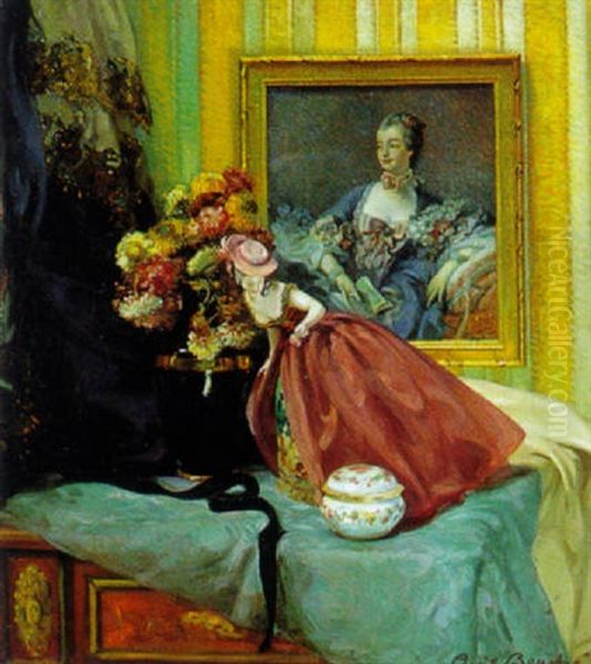 Stilleben Mit Blumenstraus, Reifrockpuppe Und Porzellandose Vor Einem Damenportrait by Arnulf De Bouche