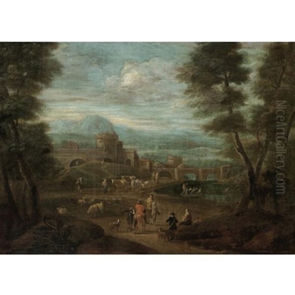 A River Landscape With Cavaliers Conversing In The Foreground, Classical Buildings Beyond by Adriaen Frans Boudewyns the Elder