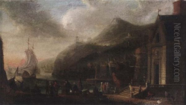 Sudlicher Hafen In Abendstimmung Mit Zahlreichen Figuren Und Auslaufender Fregatte by Adriaen Frans Boudewyns the Elder