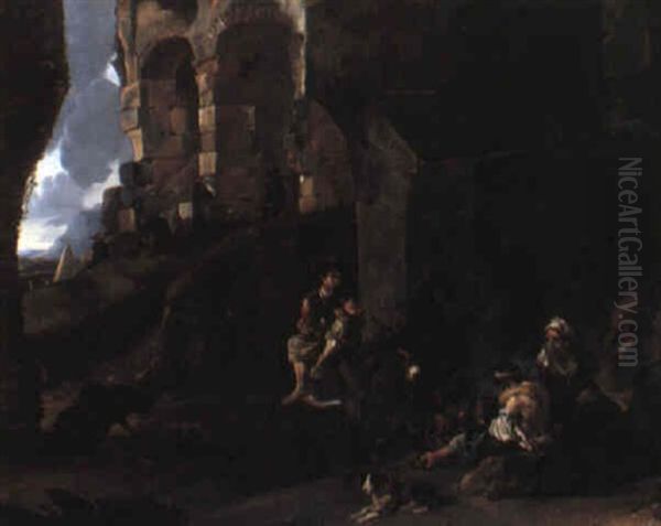 Travellers Grouped Around A Fire Under The Arch Of Ruined Aqueduct by Sebastien Bourdon