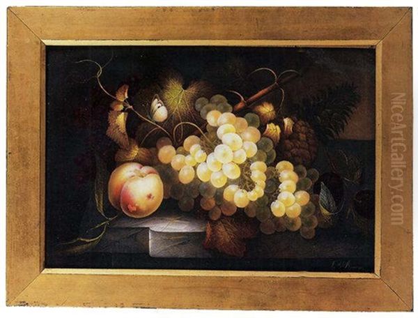 A Still Life Of A Peach, White And Black Grapes, Dark Plums And A Pineapple, A Cabbage, White Butterfly Resting On A Tendril, On A Marble Top by James (Rev.) Bourne