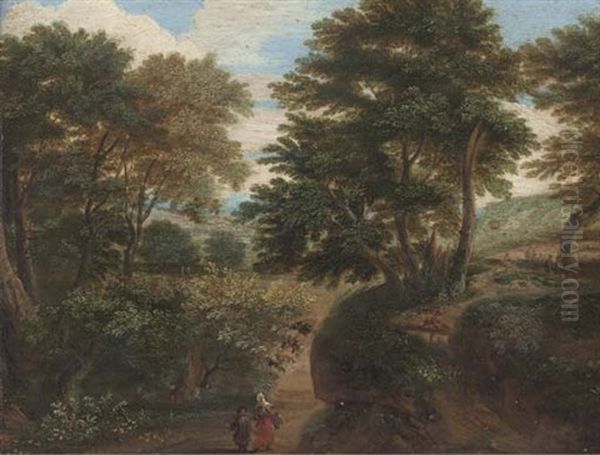 An Extensive Wooded Landscape With Figures On A Track by Pieter Bout