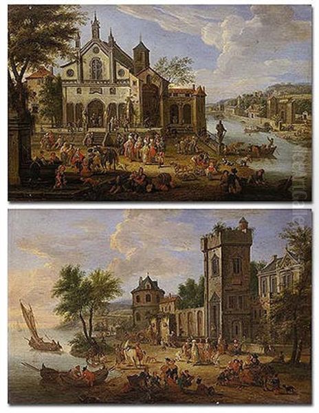 A Crowded Village Scene With Villagers And Orientals Gathered Before A Church by Pieter Bout