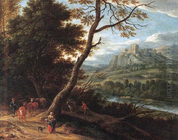 A River Landscape With Drovers And Cattle On A Path, A Castle On A Hillside Beyond by Pieter Bout