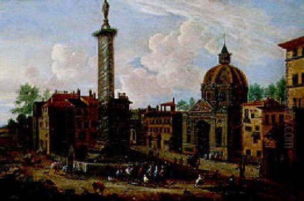 Vue De Fantasie De La Ville De Rome Avec La Colonne Trajanne by Pieter Bout