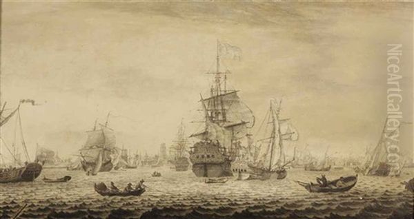 Dutch And English Ships And An East India Company Yacht In The Roadstead Of Rotterdam - A Penschilderij by Cornelis Bouwmeester