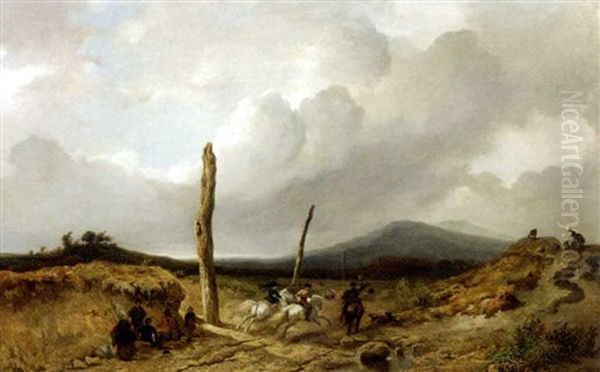 Huntsmen On Horseback In An Extensive Landscape by Felix Bovie