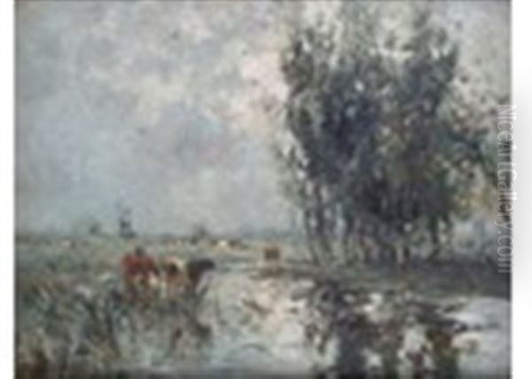 Cattle Watering In A Meadow by George Boyle