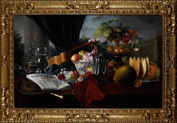 Bodegon Con Frutas, Flores Y Periodico Oil Painting - Jose Maria Bracho Murillo