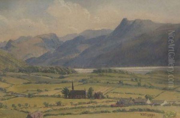 Extensive River Landscape With Mountains And Church by William Walker Alexander