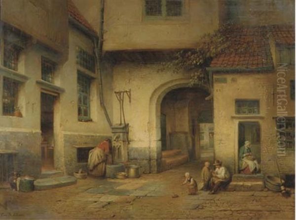 Figures In A Sunlit Courtyard by Henri de Braekeleer