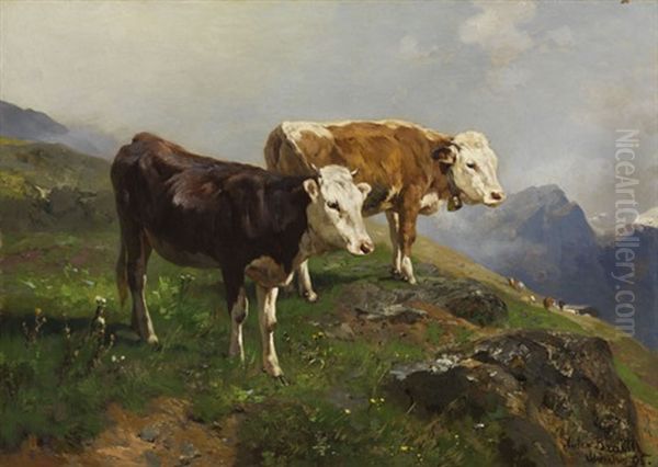 Zwei Jungbullen Auf Der Alm by Anton Braith