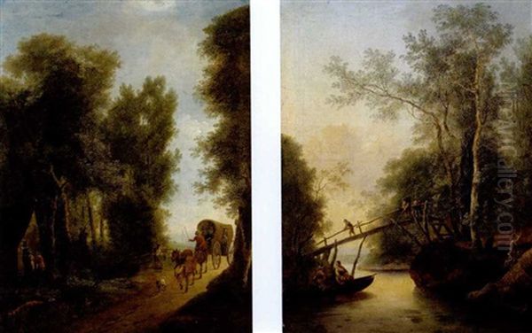 Waldlandschaft Mit Reisenden In Einem Fuhrwerk (bewaldete Flusslandschaft Mit Kahnfahrern Und Anglern Auf Einem Steg; Pair) by Christian Hilfgott Brand