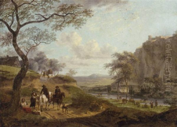 A Wooded River Landscape With Travellers On A Path by Johann Christian Brand