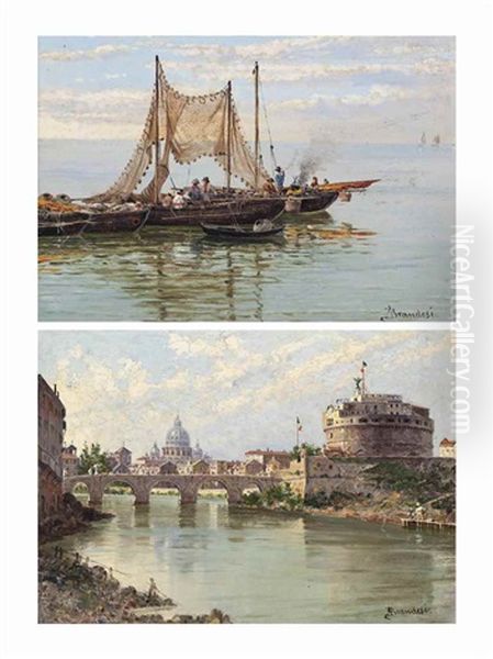 The Tiber At The Castel Sant'angelo; And Fishermen Cooking On A Boat, Possibly On The Venetian Lagoon (2 Works) by Antonietta Brandeis