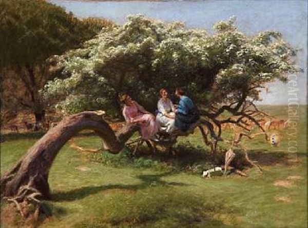 Three Young Girls Having A Picnic, Enjoying Themselves In A Tree by Hans Ole Brasen