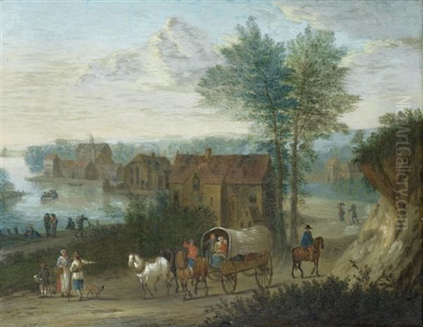 Figures And Carts On A Country Path, In A River Landscape by Joseph van Bredael