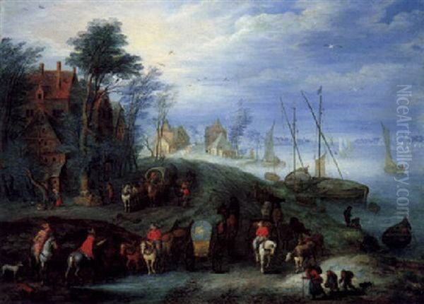 A River Landscape With Carts, A Carriage, Horsemen, And Travellers On A Path By A Village, With Fishing Boats On The River Nearby by Joseph van Bredael