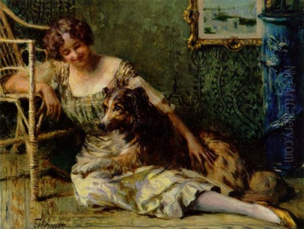 Gute Freunde. Stueinterior Med En Ung Kvinde Og Hendes Hund by Ferdinand Max Bredt