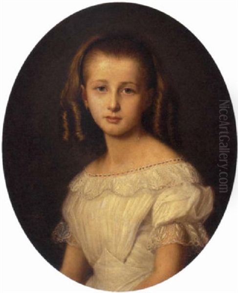 Portrait Of A Young Girl Wearing A White Lace Dress by Emil Brehmer