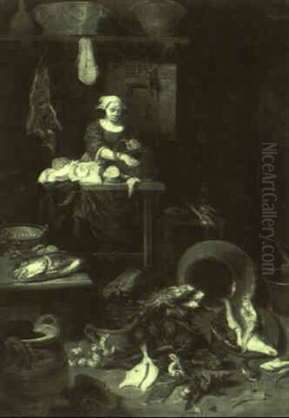 Woman Salting Fish In A Kitchen Interior by Quiringh Gerritsz van Brekelenkam