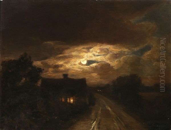 Moonlight Shines Through The Clouds Over A Dark Country Road by Hans Andersen Brendekilde