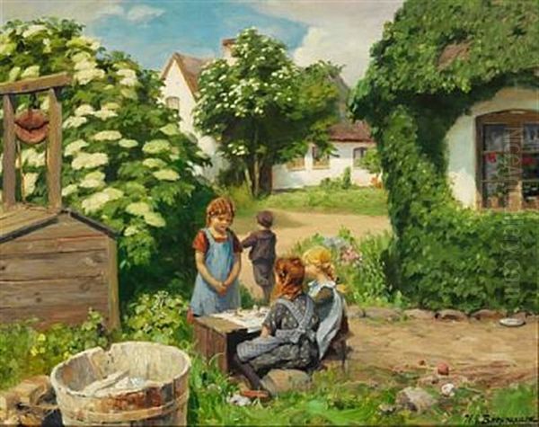 Little Girls Having A Tea Party Among Elder Bushes In Bloom by Hans Andersen Brendekilde