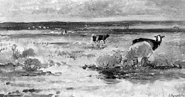 Schafherde Bei Ebbe Am Strand by Albert Heinrich Brendel