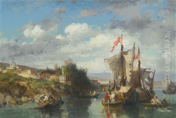 Fishermen On The Bosphorus Near Scutari, With The Selimiye Barracks Beyond by Germain Fabius Brest