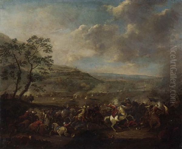 An Extensive Landscape With A Cavalry Battle by Karel Breydel