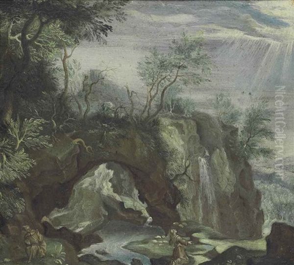 A Rocky Landscape With Saint Francis Receiving The Stigmata, Another Figure Looking On by Paul Bril