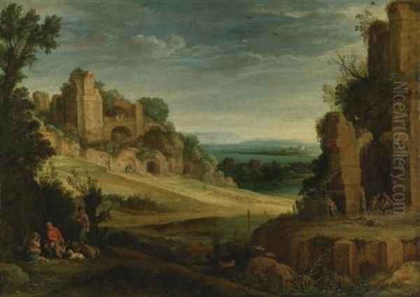 Landscape With A Hunting Party And Roman Ruins by Paul Bril