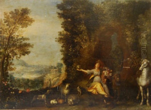 Diana, Goddess Of The Hunt, Depicted Holding The Spear Of Life, Fertility, Nature And Reproduction, Surrounded By Various Animals by Paul Bril