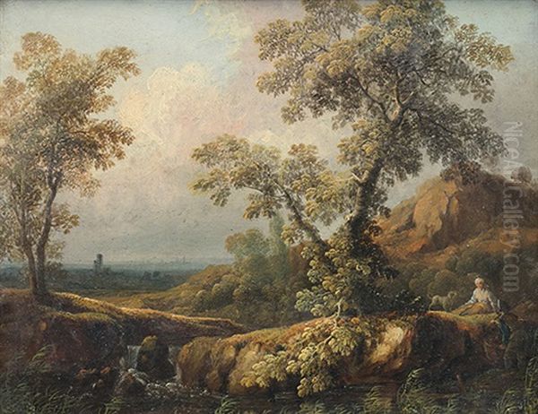 Bauernpaar Mit Hund In Waldiger Landschaft An Einem Fluss by Philipp Hieronymus Brinckmann