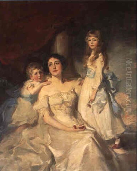 Portrait Of Mrs. Edith Sybil Currie And Her Children by Robert Brough