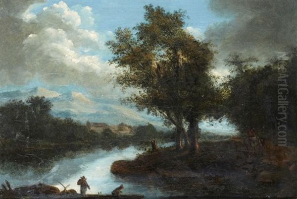 Paysage De Riviere Avec Pecheurs by Lazare (Eleazard) Bruandet