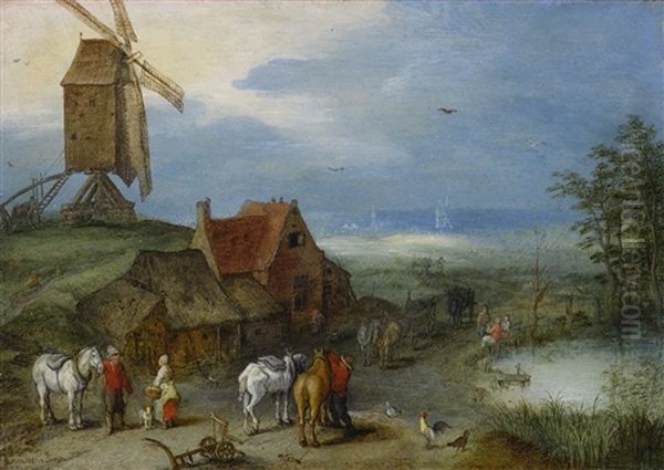 Landscape With A Windmill, Various Figures, Horses, And Animals Near A Farmstead by Jan Brueghel the Elder