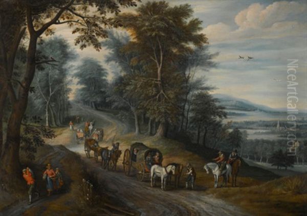 Travellers On A Wooded Road, A Distant Landscape Beyond by Jan Brueghel the Elder