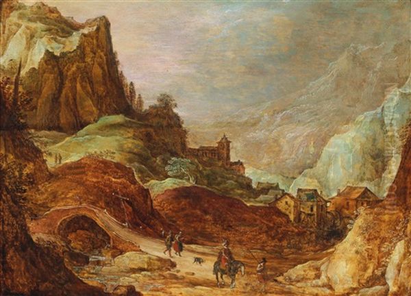 A Mountainous Landscape With A Horseman And Travellers On A Path by Jan Brueghel the Elder