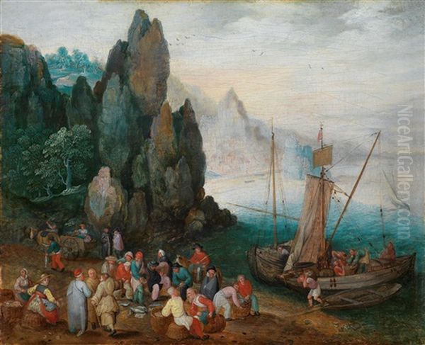 Eine Kustenlandschaft Mit Fischmarkt by Jan Brueghel the Elder