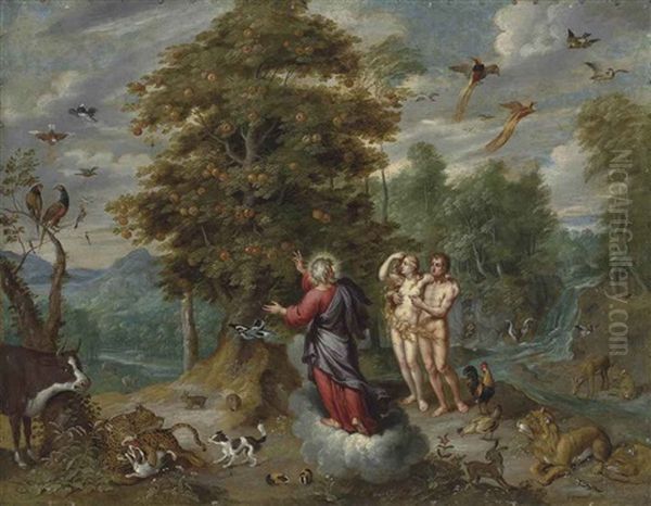 A Wooded Landscape With God Showing Adam And Eve The Tree Of Knowledge, Surrounded By Animals by Jan Brueghel the Elder