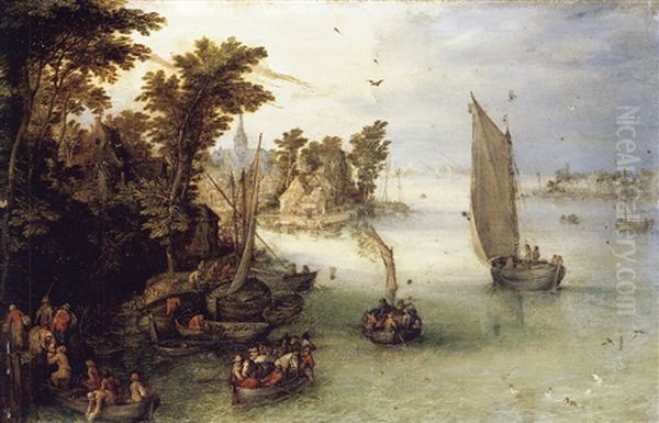 A River Scene With Boats Unloading At A Quay, And A Village Beyond by Jan Brueghel the Elder